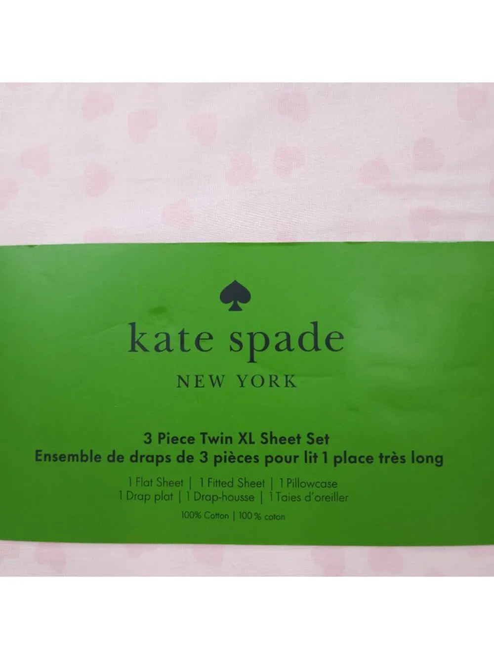 Kate Spade New York 3 Piece Twin XL Sheet Set Pink Hearts 100% Cotton